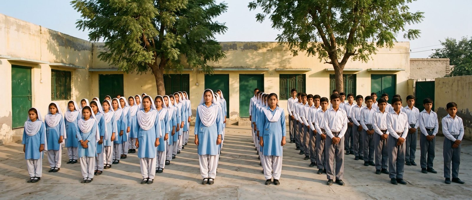 Students of the school standing in rows for morning assembly in the courtyard, girls on one side and boys on the other.