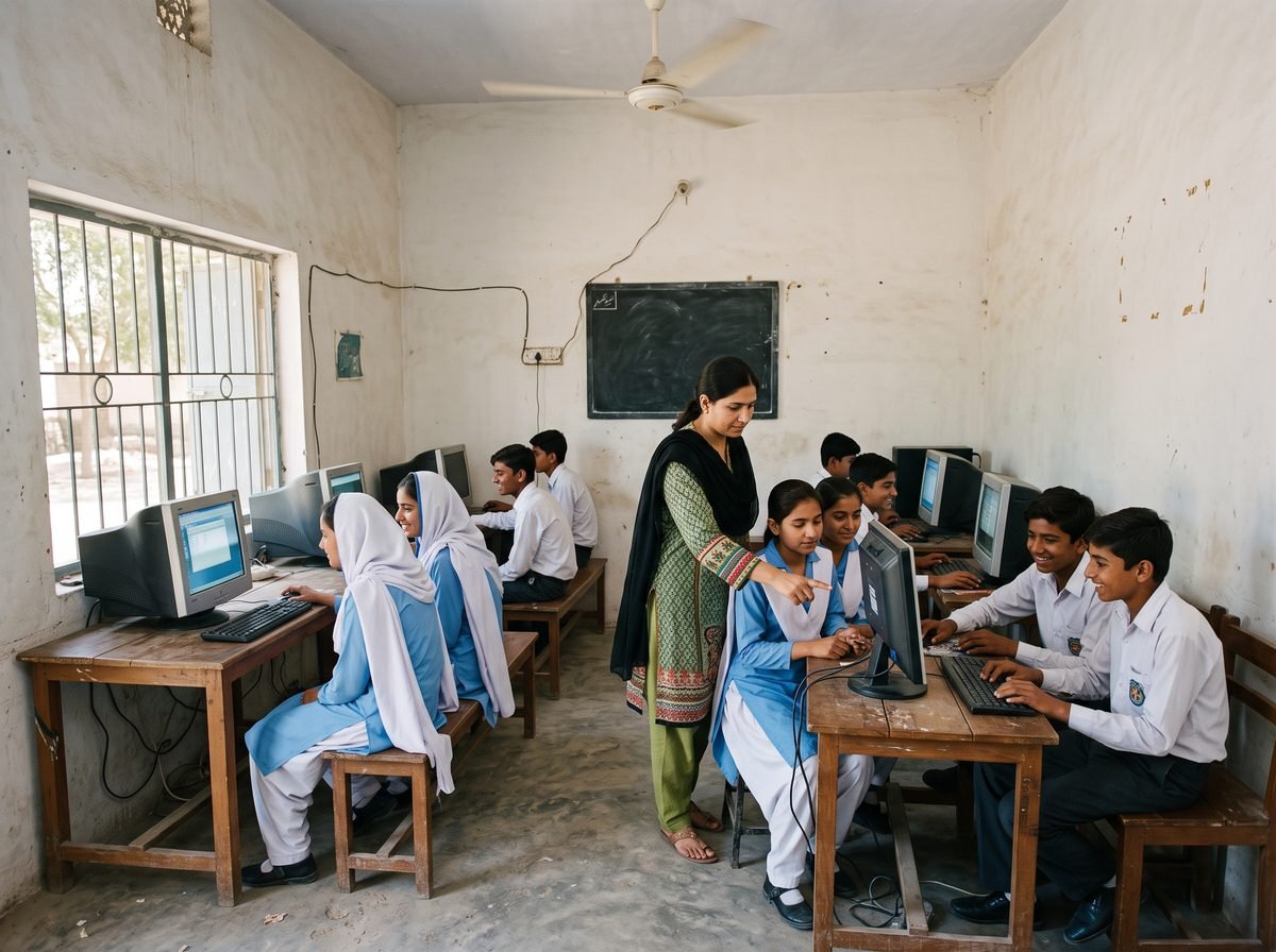 Students working two to a computer in the school's computer room while a teacher helps.