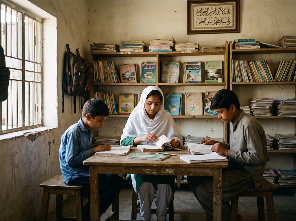 Students reading at a table in the school library beside shelves of textbooks.