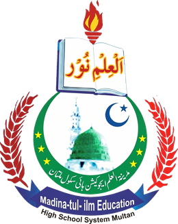Crest of Madina Tul Ilm Education High School System, Multan — a torch above an open book bearing the words Al-Ilm-u-Noor, over the green dome of Madina within a green ring flanked by wheat