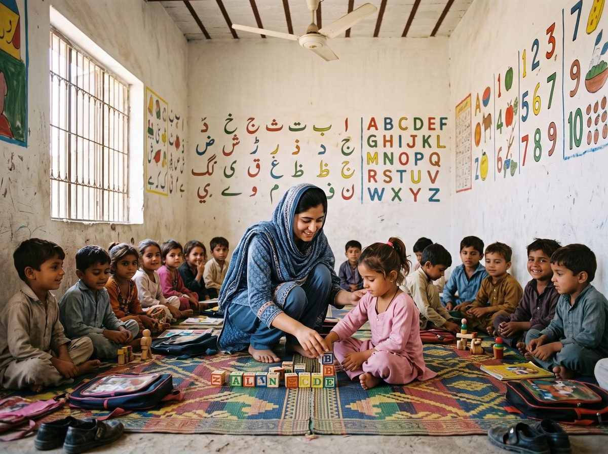 Young children sitting on a floor mat in the Play Group room while a teacher helps them with alphabet blocks.