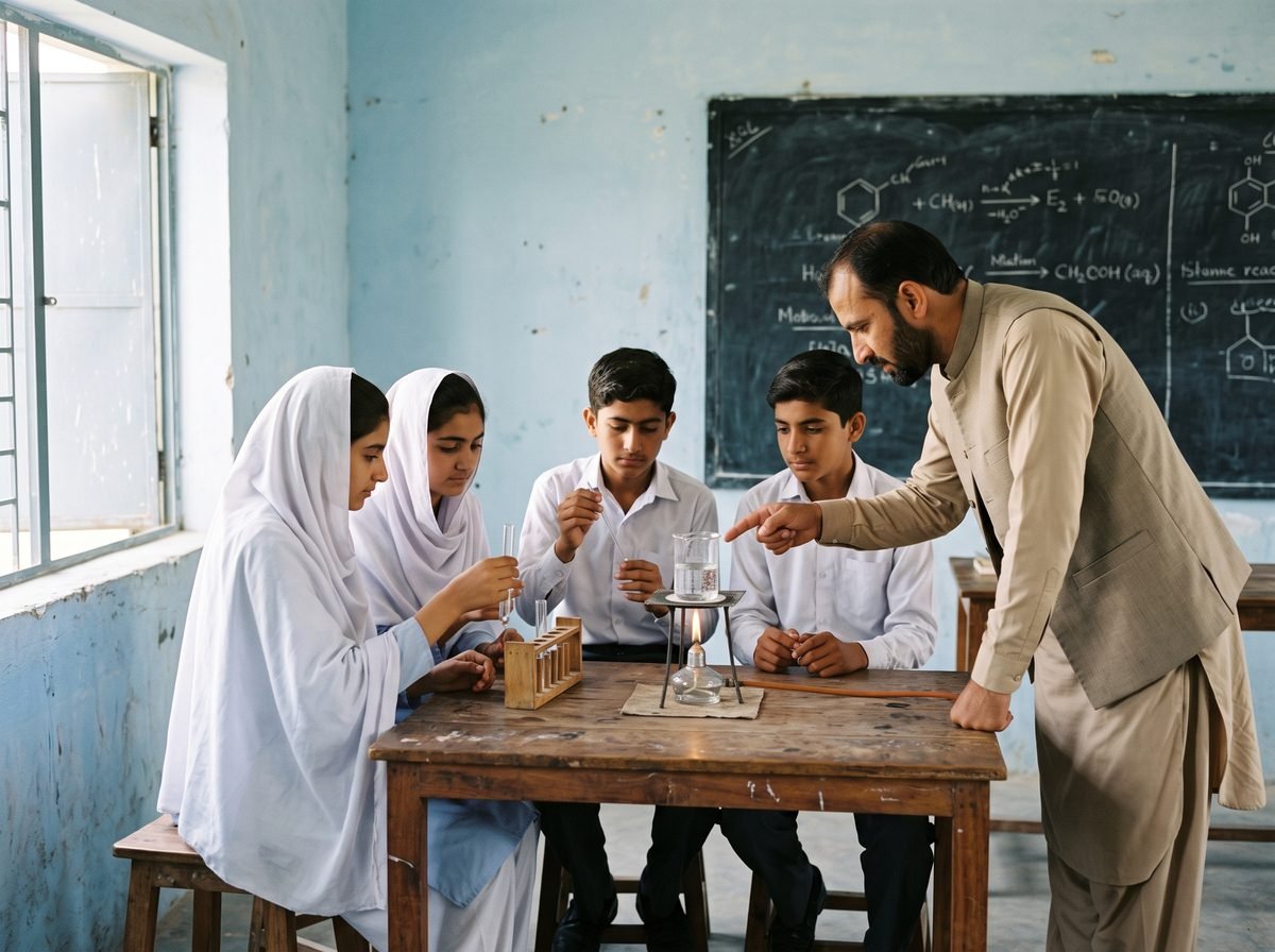 Four secondary students and a teacher gathered around a lab bench during a science practical.