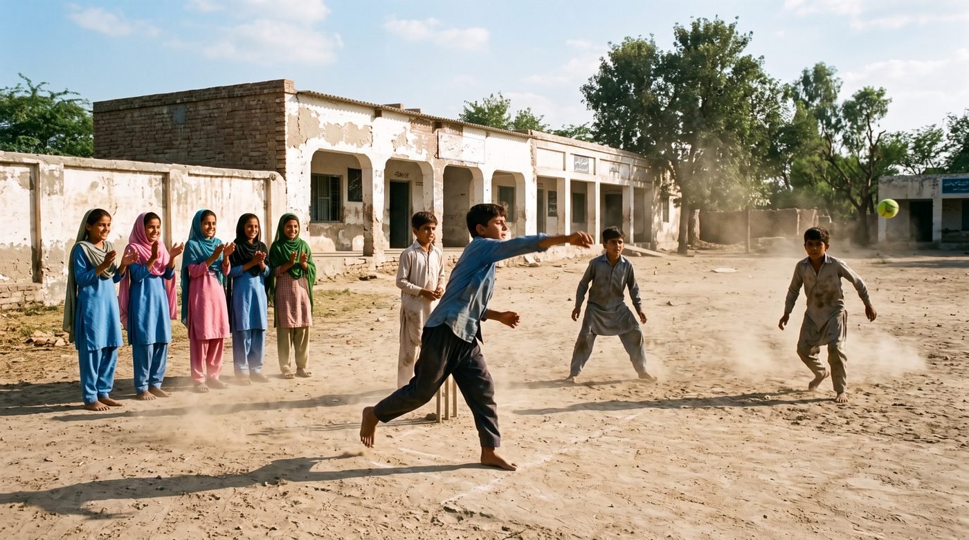 Children playing cricket on the school ground while others watch from the edge.